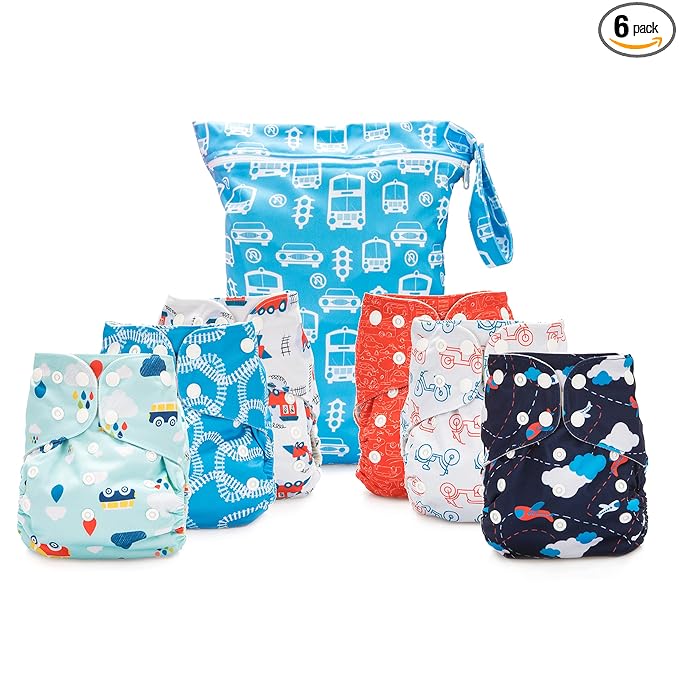 Simple Being Reusable Cloth Diapers, One Size Adjustable, Washable Soft Absorbent, Waterproof Cover, Eco-Friendly Unisex Baby Girl Boy, six 4-Layers Microfiber Inserts (Planes/Trains)