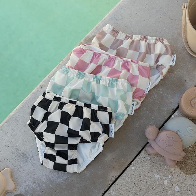 Tiny Twinkle Pull-Up Reusable Swim Diapers 2-Pack | Waterproof and UPF 50+ Sun Protection | Lightweight and Absorbent | Machine Washable(Sage,Beige Checkers,6-12M)