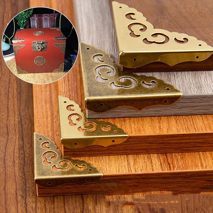 4 Pcs Metal Furniture Corner Protectors, Decorative Corner Protectors with Mounting Nails Retro Style Edge Safety Guards Covers Vintage Metal Corner Guards for Table Cabinet Furniture Wooden Case