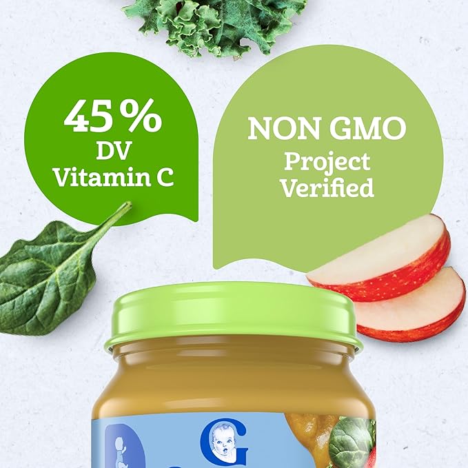 Gerber Stage 2 Baby Food, Organic Apple Spinach with Kale Jar, Fruit & Veggie Puree, Vitamin C, Non-GMO, Baby Food Puree Jars Glass, 10-pack