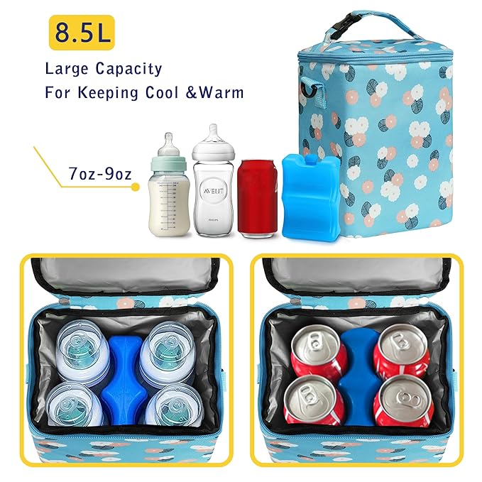 Breastmilk Cooler Bag with Ice Pack Fits 4 Baby Bottles Up to 9 Ounce Insulated Baby Bottle Bag Breast Milk Cooler on The Go with Strap Baby Bottle Cooler Bag for Nursing Mom Daycare or Travel