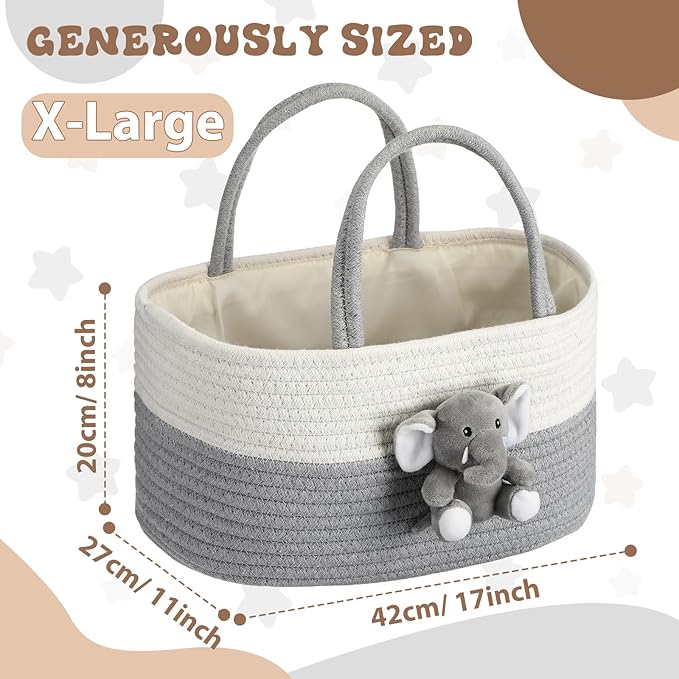 FoldTier Elephant Diaper Caddy Organizer Elephant Cart Storage for Nursery with Handle Baby Shower Basket Gift Baby Bath Caddy for Diapers Wipes Basket for Nursery(X-Large)