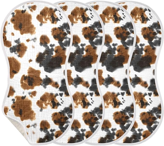 Muslin Burp Cloths for Baby Boys and Girls - 4-Pack Ultra Absorbent Black and Brown Cow Print Muslin Washcloths, Newborn Towel, Milk Spit Up Rags, Burp Cloth Bib for Unisex, 22 x 11 Inch