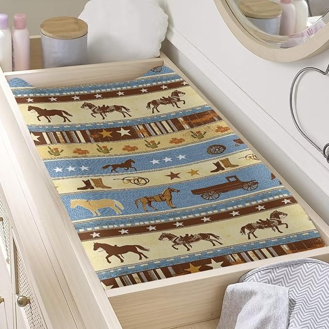 Western Cowboy Horse Changing Pad Cover for Baby Girls Boys, Baby Nursery Diaper Changing Mat Sheets Fit for 32"x16" Changing Table Covers Removable Soft Washable