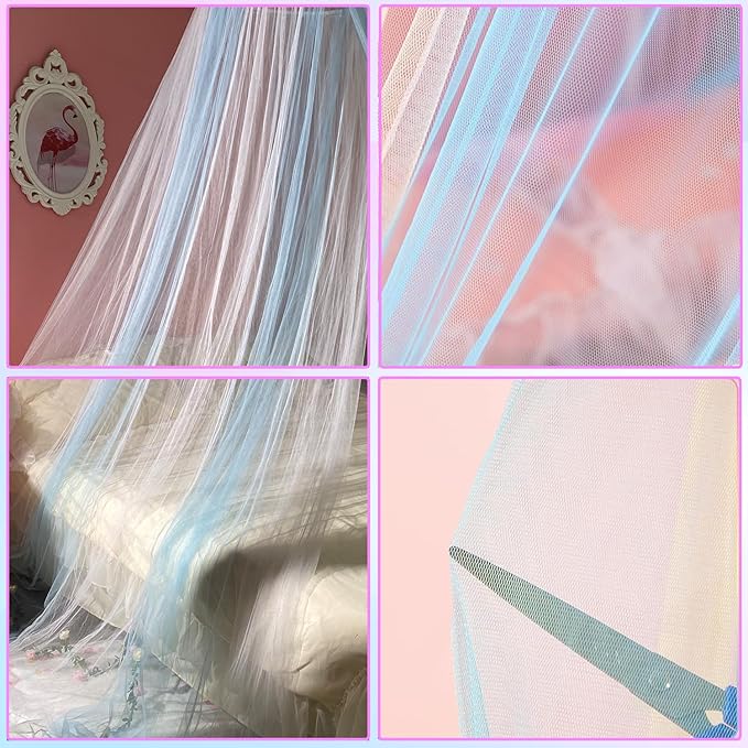 Princess White Blue Bed Canopy with Warm Fairy Lights for Girls Bed Net,Princess Canopy for Kids Bed Room Decor