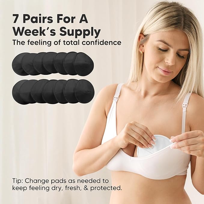 Organic Nursing Pads - 14 Washable Breast Pads for Breastfeeding, Wash Bag, Viscose Derived from Bamboo Reusable Nipple Covers for Breastfeeding Essentials, Soft & Absorbent(Midnight Black, L 5")