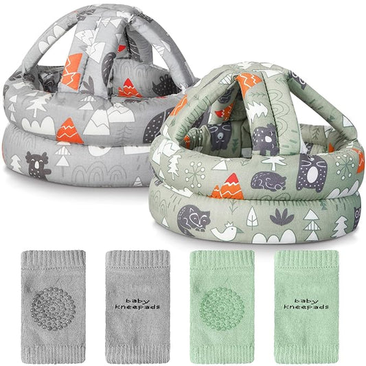 Geyoga 2 Pack Baby Head Protector with 2 Pair Toddler Knee Pads Baby Helmet for Crawling Walking Adjustable Soft Safety Headguard Toddler Protective Cap 6-12 Months 1-2 Years Old(Forest)