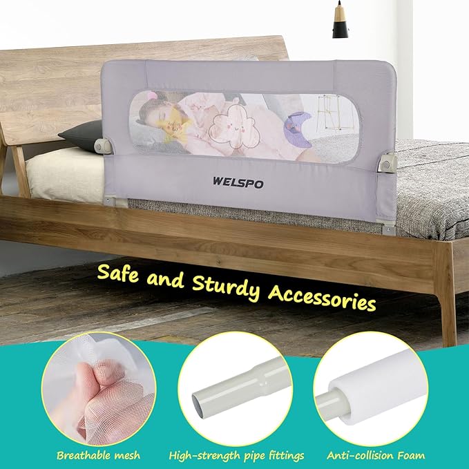 welspo Bed Rail for Toddlers, Foldable Swing Down Baby Bed Rail Guard, Extra Tall Child Safety Bedrail, Fits Twin Full Queen Bunk Beds(Grey, 47inch)