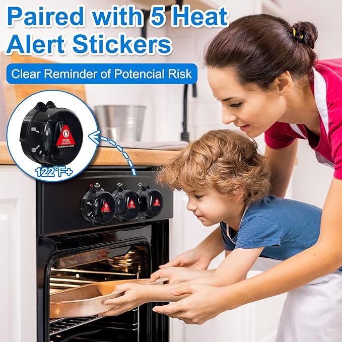 Stove Knob Covers for Child Safety – 5-Pack Heat-Resistant Oven Lock Knob Protectors with Heat Alert Stickers, Baby and Pets Proofing Stove Knob Guards for Gas & Electric Stoves(Dark)