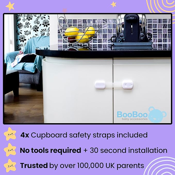 Booboo Baby (4 Pack) Child Proof Refrigerator Lock Fridge Door Locks | Baby Proof Cabinet Drawers, Dishwasher, Garbage Trash Can & Cupboards with 3M Adhesive Locks| Easy Installation No Tools Needed