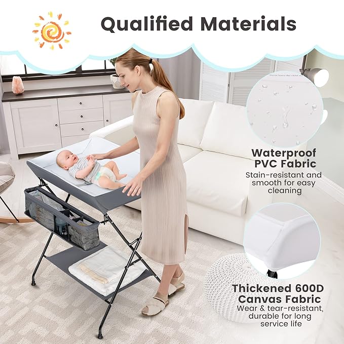 HONEY JOY Changing Table, Folding Nursery Organizer with Open Shelf & Safety Belt, Portable Diaper Changing Station for Newborn (Gray, Basic)