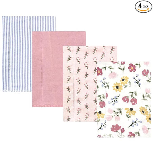 Hudson Baby Unisex Baby Cotton Flannel Burp Cloths, Soft Painted Floral 4 Pack, One Size