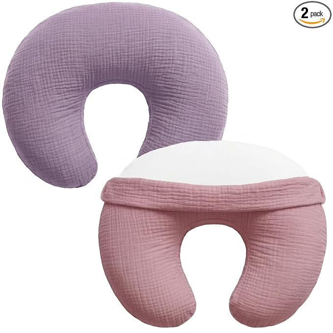Pro Goleem Muslin Nursing Pillow Cover, 100% Cotton Soft Breathable Feeding Pillow Slipcover for Breastfeeding Moms, Fits Standard Infant Nursing Pillow, for Boys and Girls, 2 Pack (Pink＆Purple)