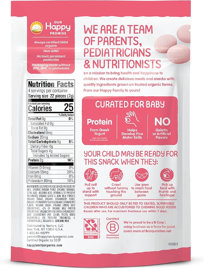 Happy Baby Organics Baby Snacks, Greek Yogis, Freeze Dried Yogurt & Fruit Snacks, Gluten Free Snack for Babies 9+ Months, Strawberry & Banana, 1 Ounce (Pack of 2)