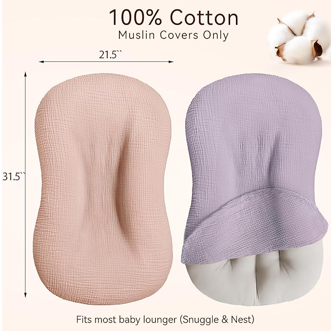 Muslin Baby Lounger Cover 2 Pack, Cotton Soft Breathable Infant Nest Slipcovers, Envelope Closure, Compatible with Snuggle Me Loungers, Machine Washable, Cover Only, for Girls Boys(Pink & Purple)