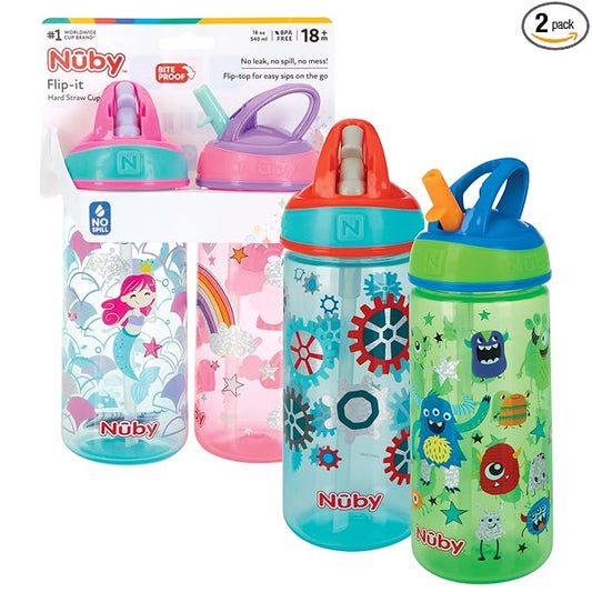 Nuby 2 Pack Iridescent Flip-it Kids On-The-Go Printed Water Bottle with Bite Proof Hard Straw - 18oz / 540 ml, 18+ Months, 2 pk Prints May Vary