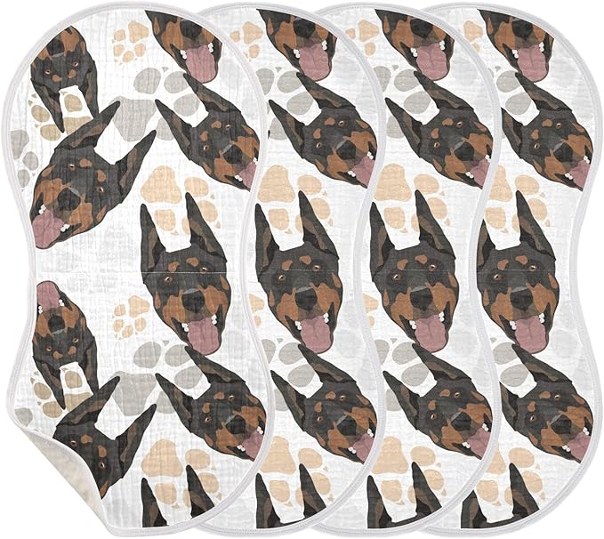 Muslin Burp Cloths for Baby Boys and Girls - 4-Pack Ultra Absorbent Doberman Dog Muslin Washcloths, Newborn Towel, Milk Spit Up Rags, Burp Cloth Bib for Unisex, 22 x 11 Inch