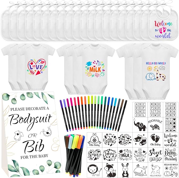 Bibs Bodysuits Baby Shower Game Sign Set Newborn Onesies Feeder Gift Fabric Marker Stencils Kit
