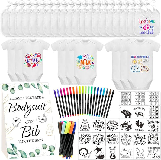 Bibs Bodysuits Baby Shower Game Sign Set Newborn Onesies Feeder Gift Fabric Marker Stencils Kit