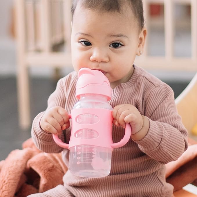 Dr. Brown's Milestones Wide-Neck Sippy Spout Bottle with 100% Silicone Handles & Milestones Wide-Neck Sippy Straw Bottle with 100% Silicone Handles and Weighted Straw, 9 oz/270 mL, Pink, 6m+