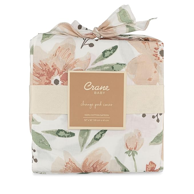 Crane Baby Changing Pad Cover, 100% Cotton Sateen Exterior, Pink Nursery Decor, Pink Floral Baby Changing Table Pad Cover, Fits Standard 16" x 32", Floral Nursery Decor, Change Table Sheets