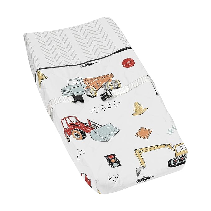 Sweet Jojo Designs Construction Truck Boy Baby Nursery Changing Pad Cover - Grey Yellow Orange Red and Blue Transportation Chevron Arrow