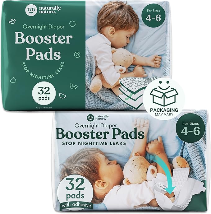 Naturally Nature Overnight Diaper Booster Pads, Stops Overnight Leaking, Diaper Liners for Toddler, Nighttime Diapers Size 5, Adhesive Pad for Girls, Boys, 32 ct.