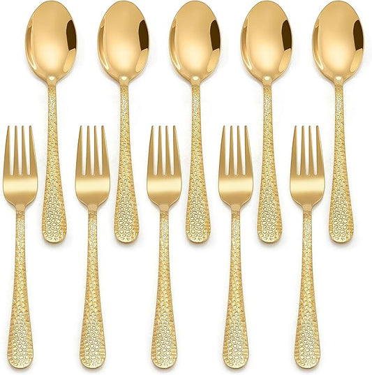 E-far Toddler Forks and Spoons Set, 10-Piece Stainless Steel Toddler Utensils Kids Safe Silverware for Self Feeding, Healthy & Non-Toxic, Gold