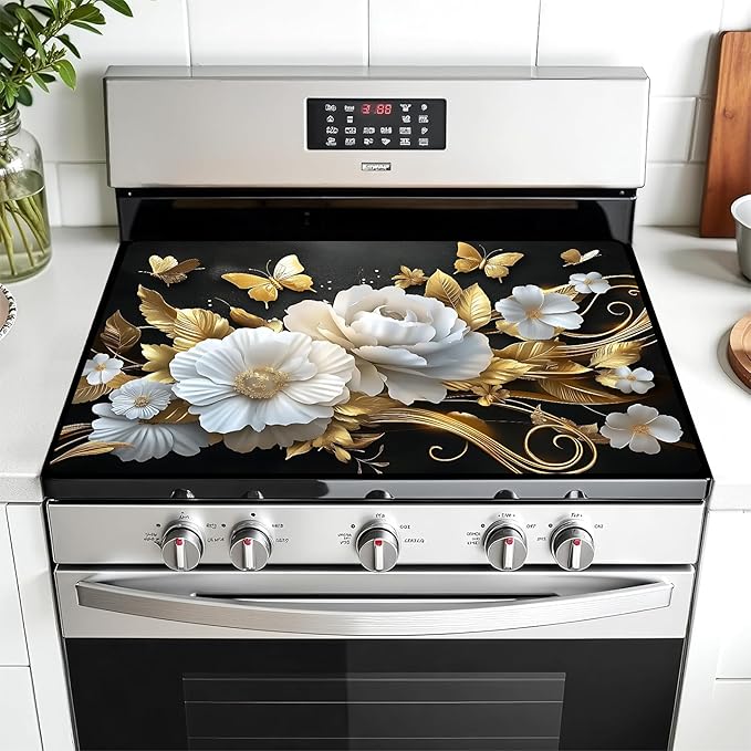 Multi-Design Stove Top Cover for Glass/Electric Stoves - 3-in-1 Heat-Resistant Protector Mat, Non-Slip Drying Rack 30" L x 21" W (Butterfly-Flower)
