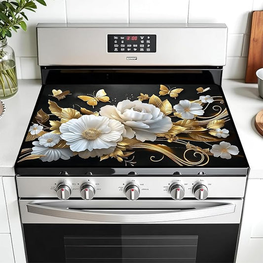 Multi-Design Stove Top Cover for Glass/Electric Stoves - 3-in-1 Heat-Resistant Protector Mat, Non-Slip Drying Rack 30" L x 21" W (Butterfly-Flower)