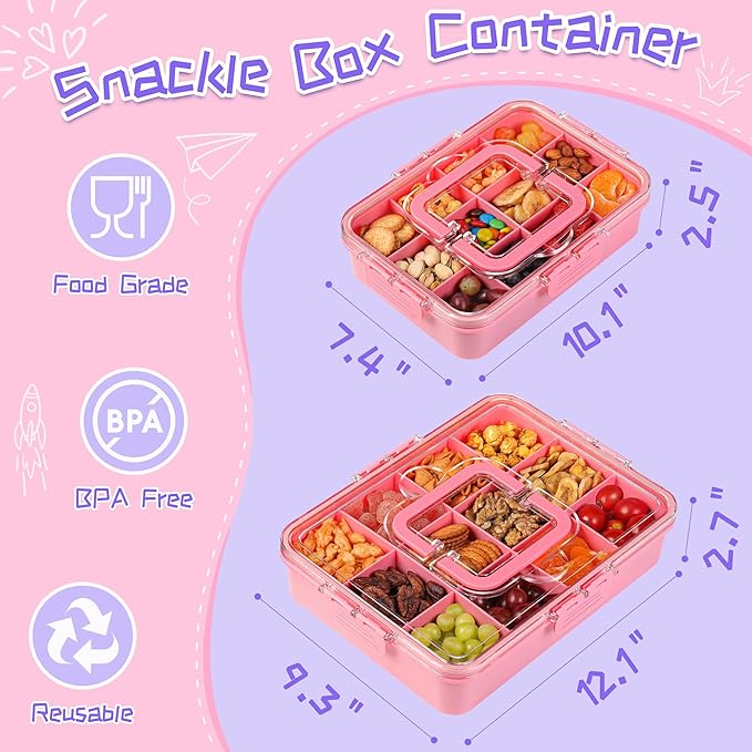 Xyptorix Snack Box Container for Kids - Adjustable 12-Compartment Snack Containers, Reusable Bento Box, Dishwasher Safe, BPA-Free, Perfect for School, Travel, Camping & Picnic, Pink & Green, Large