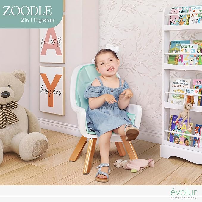 évolur Zoodle 3-in-1 High Chair in Mint | Convertible Wooden Baby Feeding Chair with Dishwasher Safe Removable Tray, Adjustable Footrest, Padded Cushion, 5-Point Harness for Infants & Toddlers