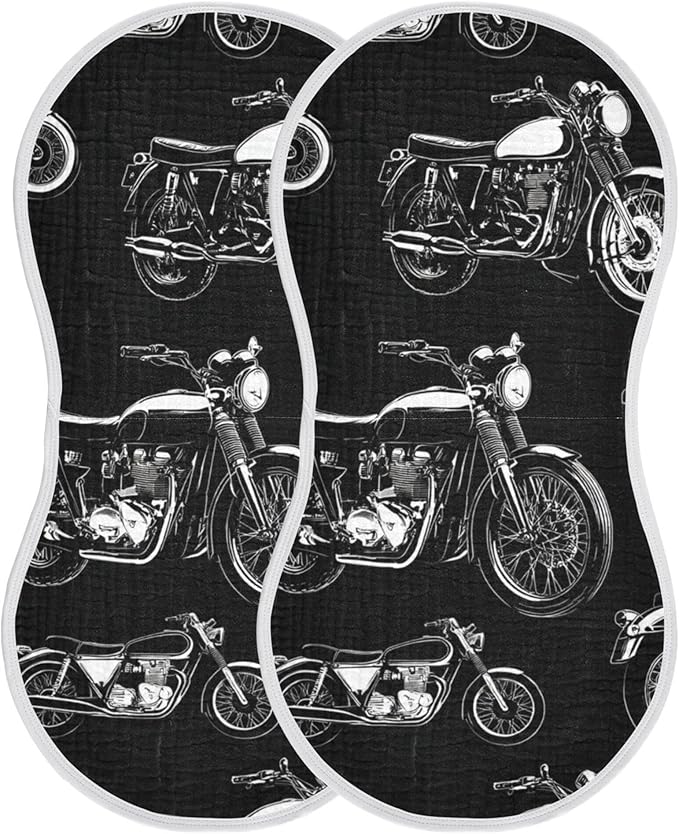Black White Motorcycles Burp Cloths Baby Boys Girls Absorbent Soft Cotton Burping Cloths Rags, 2 Pack