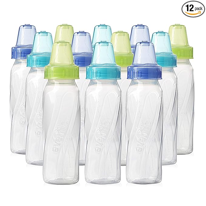 Evenflo Feeding Classic Clear Plastic Standard Neck Bottles for Baby, Infant and Newborn - Teal/Green/Blue, 8 Ounce (Pack of 12)
