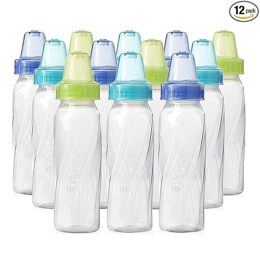Evenflo Feeding Classic Clear Plastic Standard Neck Bottles for Baby, Infant and Newborn - Teal/Green/Blue, 8 Ounce (Pack of 12)