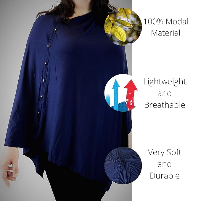 Nursing Cover for Breastfeeding - Infant Car Seat Canopy - Poncho Style with Snap On Buttons - Soft Baby Blanket - Elegant Shawl (Navy Blue)