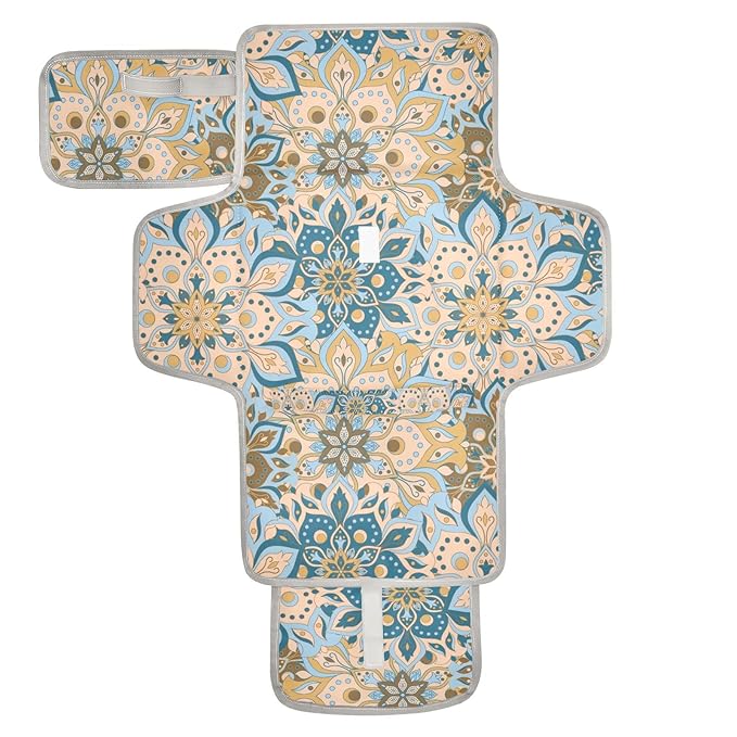 Portable Diaper Changing Pad Travel Baby Changing Mat Waterproof Diaper Changing Mat Foldable Lightweight Baby Changer with Built-in Pillow Yellow Mandala