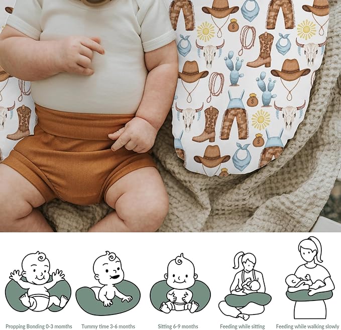 Blue Western Cowboy Baby Nursing Pillow Covers for Boy Cowboys Boots Hat Horse Cactus Sun Cow Skulls Nursery Slipcover for Breastfeeding Pillows Wild West Soft Stretchy Cover for Newborn Infant