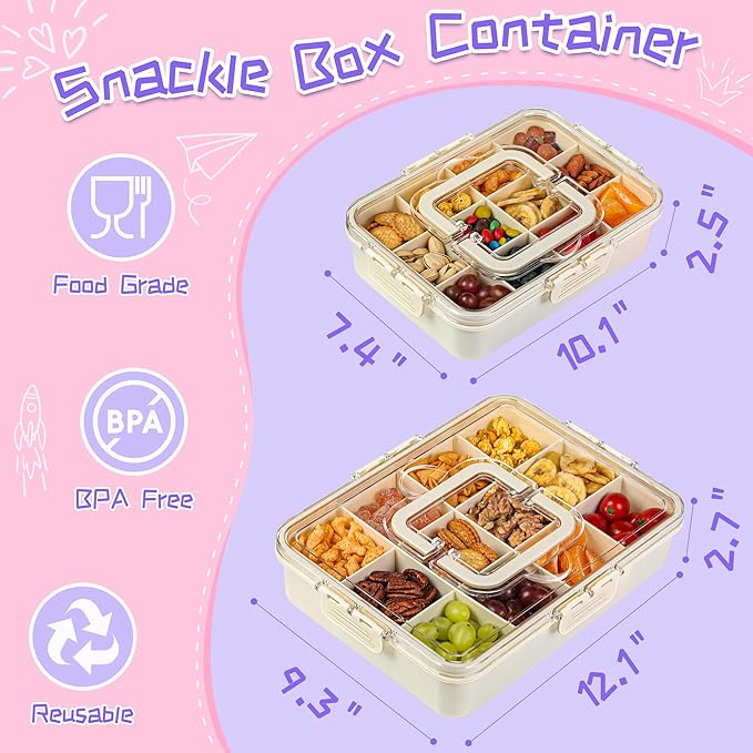 Xyptorix Snack Box Container for Kids - Adjustable 12-Compartment Snack Containers, Reusable Bento Box, Dishwasher Safe, BPA-Free, Perfect for School, Travel, Camping & Picnic, Ivory White