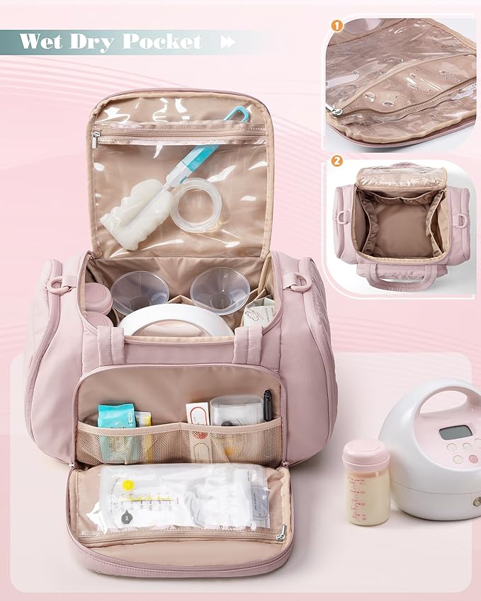 Marscamd Quilted Breast Pump Bag Compatible with Spectra S1 and S2, Pumping Bag with Cooler Compartment and a Drying Mat, Pink