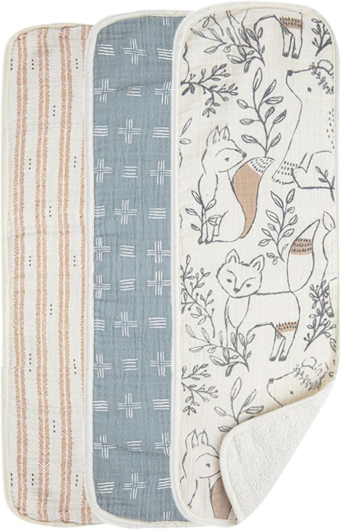 Crane Baby Muslin Baby Burp Cloths, Lightweight Absorbent Burp Cloth, Woodland Animal, Set of 3, 7" x 20", Newborn Baby Essentials, Burp Cloths Baby Boy, Burp Cloths Baby Girl, Baby Newborn Essentials