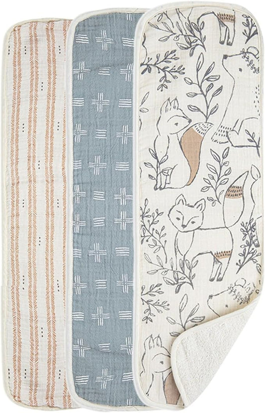 Crane Baby Muslin Baby Burp Cloths, Lightweight Absorbent Burp Cloth, Woodland Animal, Set of 3, 7" x 20", Newborn Baby Essentials, Burp Cloths Baby Boy, Burp Cloths Baby Girl, Baby Newborn Essentials