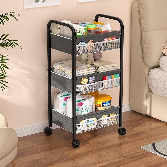 Baby Diaper Caddy Rolling Utility Cart, 3 Tier Baby Essentials Nursery Organizer and Storage with Dividers and Drawers for Crib, Bedroom, Art & Craft Organizer (Black)