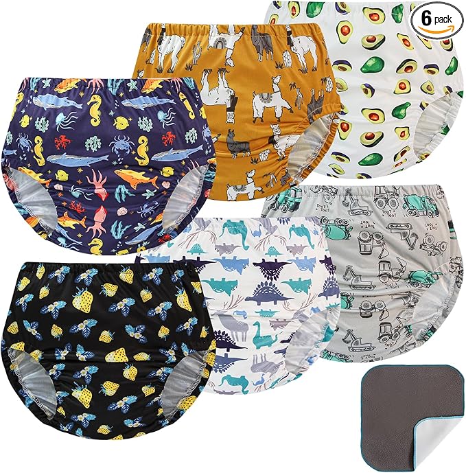 EZ Moms 6 Packs Soft Plastic Underwear for Toddlers Reusable Diaper Cover for Baby Boy Portable Plastic Underwear Covers for Potty Training Rubber Pants for Toddlers with Baby Washable Wipes Boys 1T