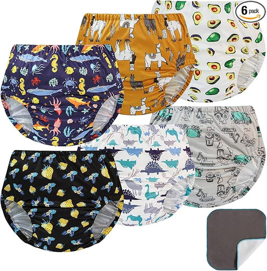 EZ Moms 6 Packs Plastic Underwear Covers for Potty Training Soft Baby Cloth Diaper Covers Boys Reusable Diaper Covers for Toddler Portable Rubber Pants for Toddlers with Baby Washable Wipes Boys 6T