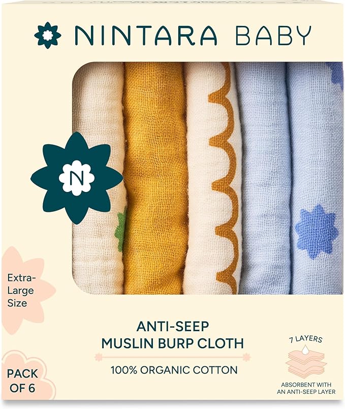 Anti-seep Burp Cloths - 100% Organic Muslin Cotton, 7-Layer Absorbent & Waterproof, Extra-Large (22" x 12”), Soft & Hypoallergenic, Multipurpose Baby Essentials for Newborns, Pack of 6