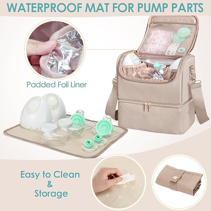 Fasrom Breast Pump Bag with Cooler Compartment Compatible with Momcozy, Medela and Willow Hands Free Pump, Pumping Tote with Waterproof Mat, Camel