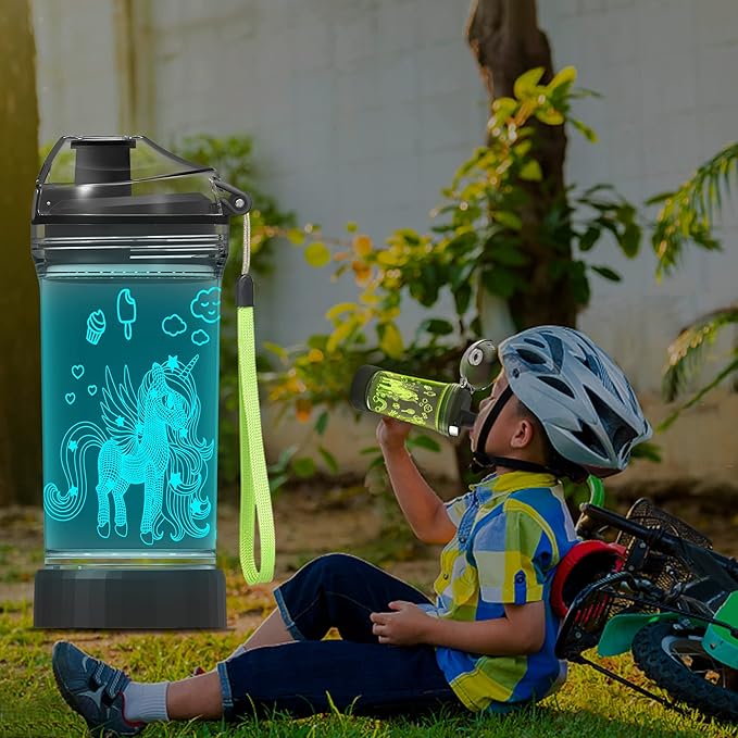 Attivolife Unicorn Water Bottle, Light up Cup for Kids Time Marker with 7 Color Changing LED Light - 14 OZ BPA Free - Unique Travel Cup Drink Day Gift for School Kid Girl Child Holiday Camping Picnic