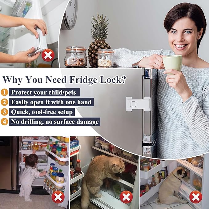 French Fridge Locks for Kids, 1 Pack Baby Safety Refrigerator Lock, Pet/Child Proof Freezer Latch, Cabinet Cupboard Lock with 3M Adhesive, Tool-Free, Drill-Free Install (Pearl White)