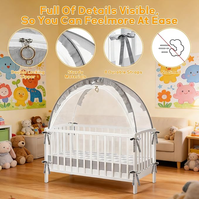 Crib Tent to Keep Baby in - Stop Climbing Out with Double Zipper & Strong Rods, Breathable Mesh Pop-Up Canopy for Easy Installation, Fits Standard Cribs